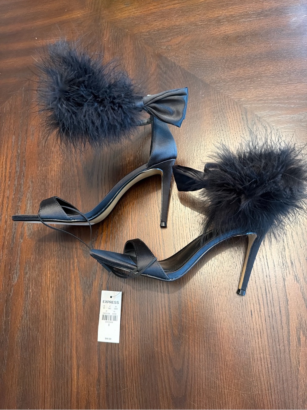 NWT Express Black Feather Bow Heels Size 8 | Satin Stiletto Sandals